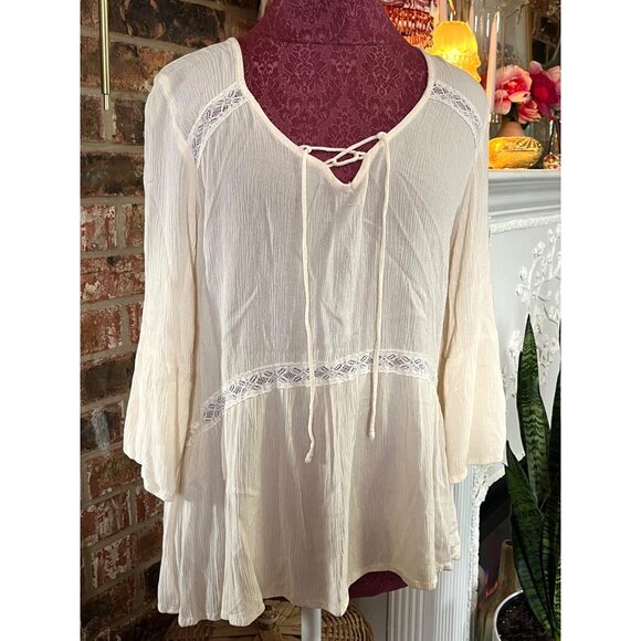 Mossimo Tops - Boho Cream Mossimo Peasant Top With Lace Detail & Tie Neckline - XL